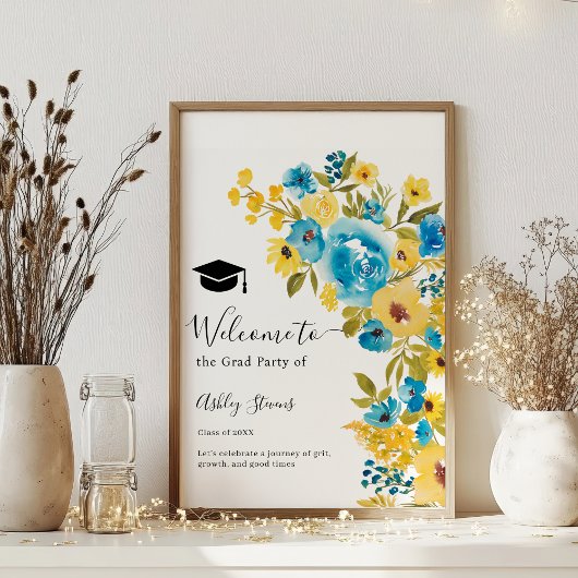 Blue Yellow Bold Wildflower Afstuderen Welkom Poster