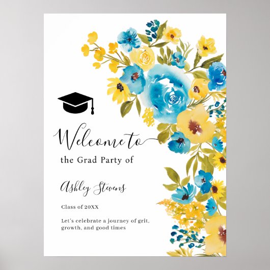 Blue Yellow Bold Wildflower Afstuderen Welkom Poster (Voorkant)