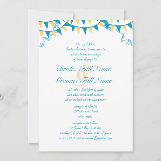 Blue & Yellow Bunting Pennant Wedding Invitations Kaart (Voorkant)