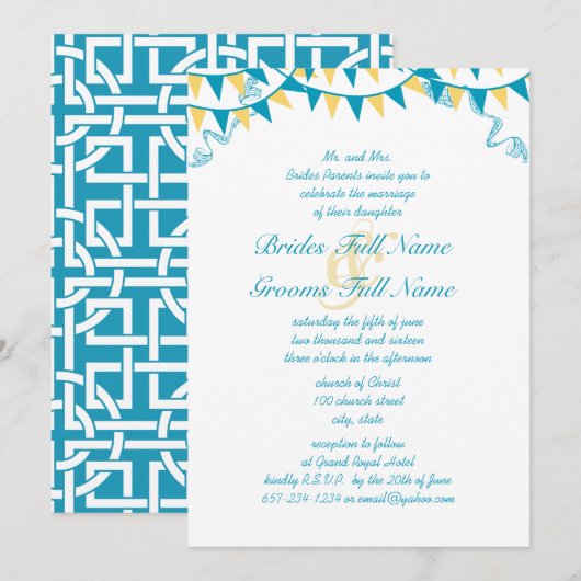 Blue & Yellow Bunting Pennant Wedding Invitations Kaart (Voorkant / Achterkant)