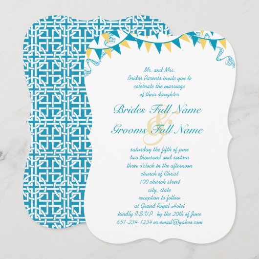 Blue & Yellow Bunting Pennant Wedding Invitations Kaart (Voorkant / Achterkant)