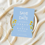 Blue & Yellow buttercup save the date   Kaart<br><div class="desc">Celebrate your love with this soft and romantic blue and yellow wildflower wedding invitation. Featuring delicate buttercup florals against a dusty blue background, this design blends rustic charm with timeless elegance. Perfect for spring and summer weddings, garden ceremonies, countryside venues, and cottagecore-inspired celebrations. The airy layout and hand-painted floral accents...</div>