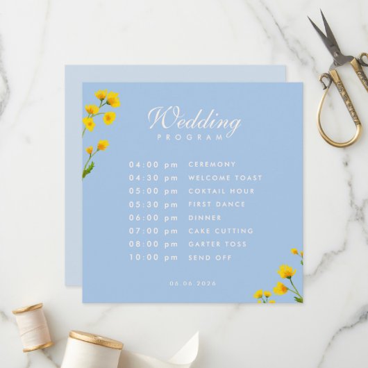 Blue & Yellow buttercup wedding Programmakaart (Voorkant / Achterkant in situ)