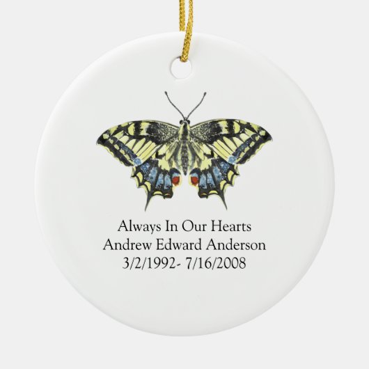 Blue Yellow Butterfly Memorial Keepslag Keramisch Ornament (Voorkant)