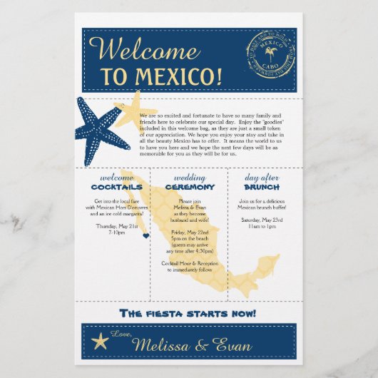 Blue Yellow Cabo Mexico Wedding Welcome Letter (Voorkant)
