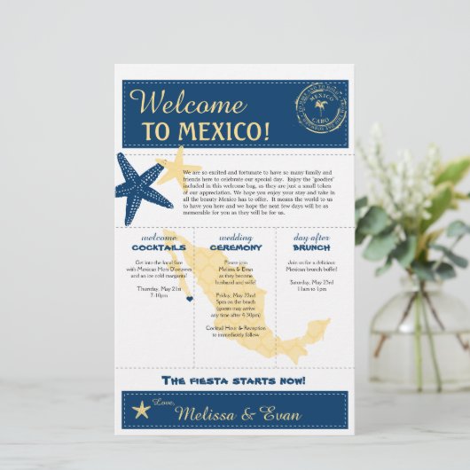 Blue Yellow Cabo Mexico Wedding Welcome Letter (Staand voorkant)