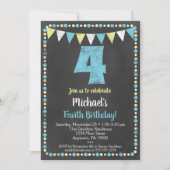 Blue Yellow Chalkboard 4th Birthday Invitation Kaart (Voorkant)