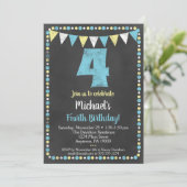 Blue Yellow Chalkboard 4th Birthday Invitation Kaart (Staand voorkant)