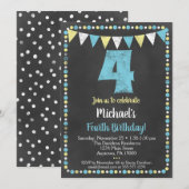 Blue Yellow Chalkboard 4th Birthday Invitation Kaart (Voorkant / Achterkant)