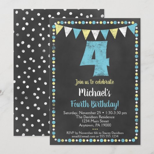 Blue Yellow Chalkboard 4th Birthday Invitation Kaart (Voorkant / Achterkant)