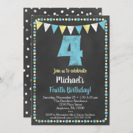 Blue Yellow Chalkboard 4th Birthday Invitation Kaart