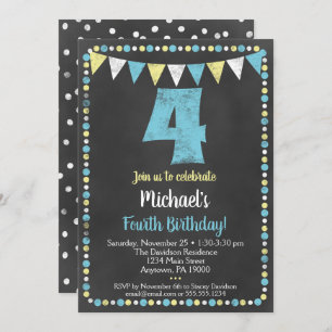 Blue Yellow Chalkboard 4th Birthday Invitation Kaart