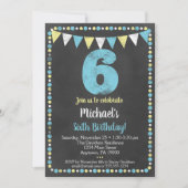 Blue Yellow Chalkboard 6th Birthday Invitation Kaart (Voorkant)