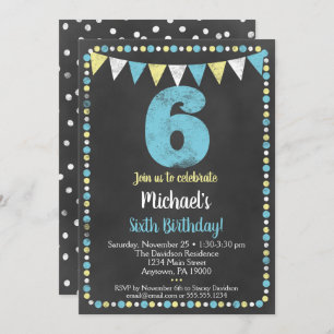 Blue Yellow Chalkboard 6th Birthday Invitation Kaart