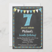Blue Yellow Chalkboard 7th Birthday Invitation Kaart (Voorkant)