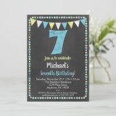 Blue Yellow Chalkboard 7th Birthday Invitation Kaart (Staand voorkant)
