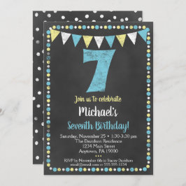 Blue Yellow Chalkboard 7th Birthday Invitation Kaart