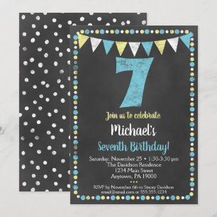 Blue Yellow Chalkboard 7th Birthday Invitation Kaart