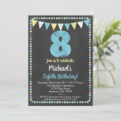 Blue Yellow Chalkboard 8th Birthday Invitation Kaart (Staand voorkant)