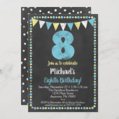 Blue Yellow Chalkboard 8th Birthday Invitation Kaart (Voorkant / Achterkant)