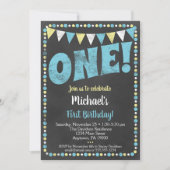 Blue Yellow Chalkboard First Birthday Invitation Kaart (Voorkant)