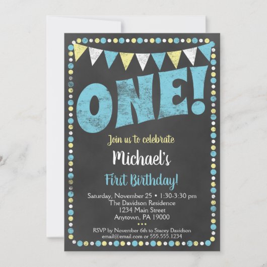 Blue Yellow Chalkboard First Birthday Invitation Kaart (Voorkant)