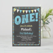 Blue Yellow Chalkboard First Birthday Invitation Kaart (Staand voorkant)