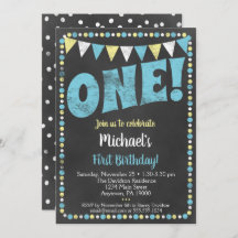 Blue Yellow Chalkboard First Birthday Invitation