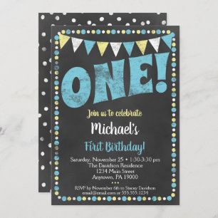 Blue Yellow Chalkboard First Birthday Invitation Kaart