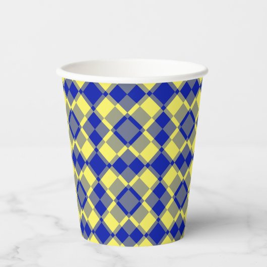 Blue Yellow Checker Argyle Pattern Papieren Bekers (Voorkant)