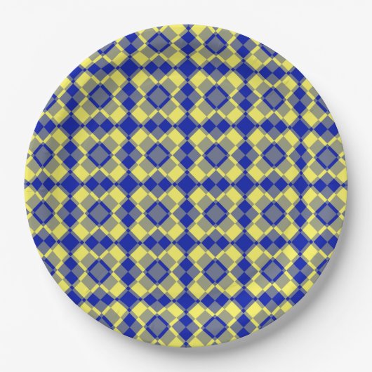 Blue Yellow Checker Argyle Pattern Papieren Bordje (Voorkant)