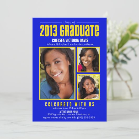 Blue Yellow Class of 2013 Afstuderen Foto Invite Kaart (Staand voorkant)