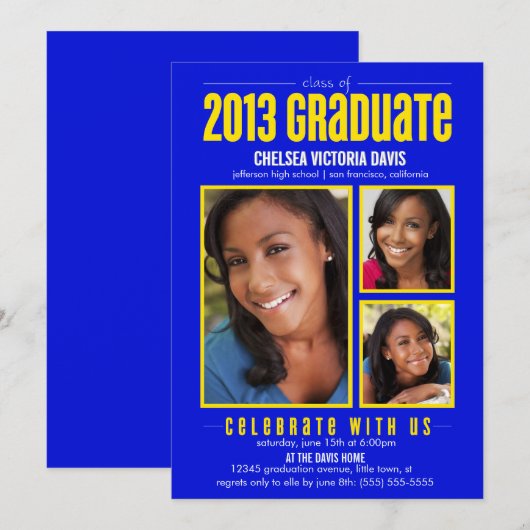 Blue Yellow Class of 2013 Afstuderen Foto Invite Kaart (Voorkant / Achterkant)