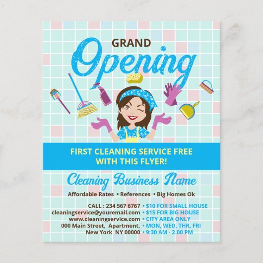 Blue Yellow Cleaning Lady Grand Opening Flyer (Voorkant)