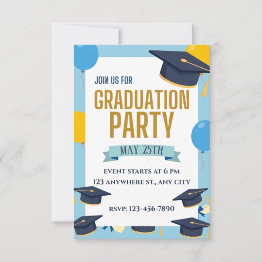 Blue Yellow Colorful Graduation Party Invitation Kaart (Voorkant)
