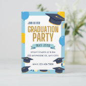 Blue Yellow Colorful Graduation Party Invitation Kaart (Staand voorkant)
