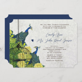 Blue Yellow en Silver Peacock Birdcage Invite Kaart