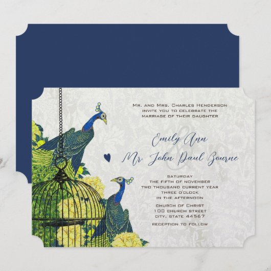 Blue Yellow en Silver Peacock Birdcage Invite Kaart (Voorkant / Achterkant)