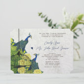 Blue Yellow en Silver Peacock Birdcage Invite Kaart (Staand voorkant)