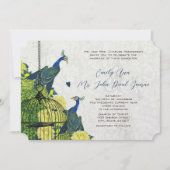 Blue Yellow en Silver Peacock Birdcage Invite Kaart (Voorkant)