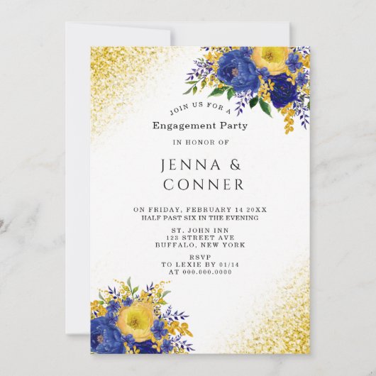 Blue Yellow Floral Gold Glitter Engagement Party Kaart (Voorkant)