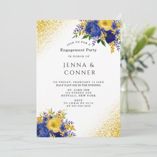 Blue Yellow Floral Gold Glitter Engagement Party Kaart (Staand voorkant)