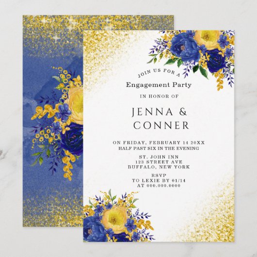 Blue Yellow Floral Gold Glitter Engagement Party Kaart (Voorkant / Achterkant)