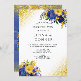 Blue Yellow Floral Gold Glitter Engagement Party Kaart