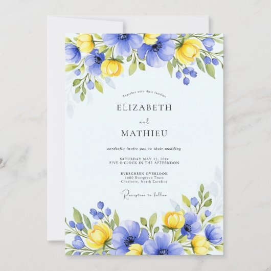 Blue Yellow Floral Spring Wedding Kaart (Voorkant)