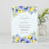 Blue Yellow Floral Spring Wedding Kaart (Staand voorkant)