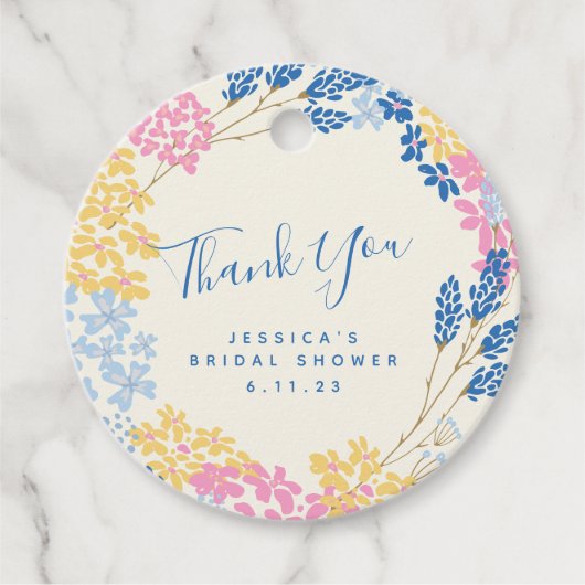 Blue Yellow Flower, aangepast Vrijgezellenfeest Bedankjes Labels (Voorkant)