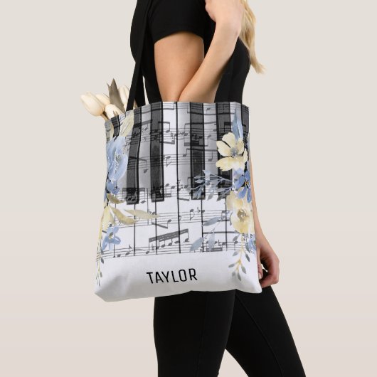 Blue Yellow Flowers muzieknoten Piano Tote Bag (Dichtbij)