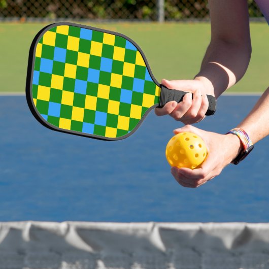 Blue Yellow Green Checkered Pattern Design  Pickleball Paddle (Insitu)