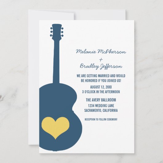 Blue/Yellow Guitar Heart Wedding Invite Kaart (Voorkant)
